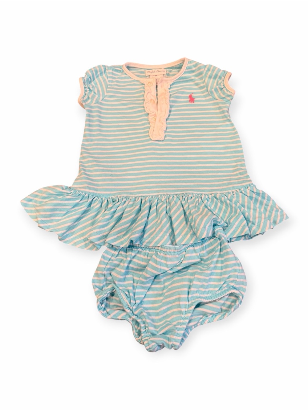 Ralph Lauren, Light Blue & White Striped Dress with Pink Trim Bloomers, Sz 6mos